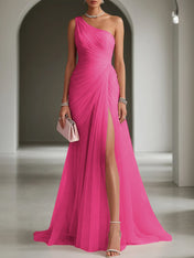 Pink Ruched Slit Tulle Strapless One Shoulder Sheath Gown Dress