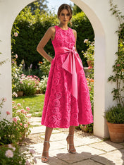 Pink 3D Floral Bow Crew Neck A-Line Midi Dress