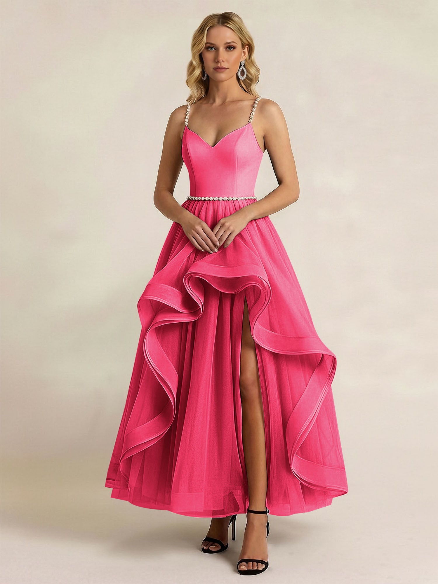 Black Tulle Ruffled A Line Long Formal Dress with Slit