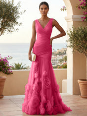 Sweetheart Tulle V Neck Pleat Mermaid Evening Dresses with 3D Flower