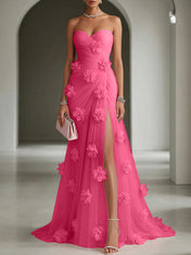 Ethereal Blush Slit 3D Floral Strapless Tulle Gown Dress