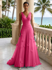 Light Blue Evening Dress with 3D Flower V Neck Pleat Maxi Dress