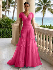 Light Blue Short-Sleeve Tulle Gown Evening Dress with 3D Flower V Neck Pleat Maxi Dress