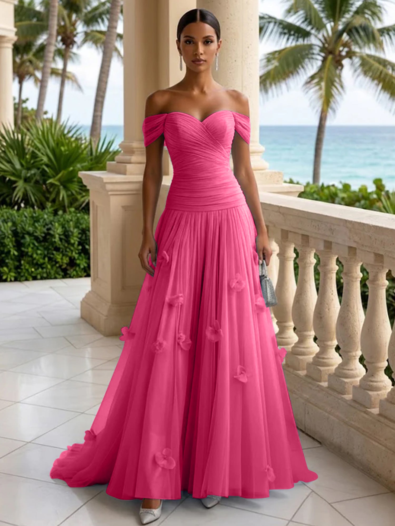 Light Blue Evening Dress with 3D Flower Off The Shoulder Pleat Maxi Dress