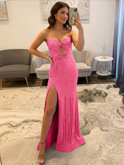 Glamorous Royal Blue Linear Beaded Cutout Prom Dress with Slit