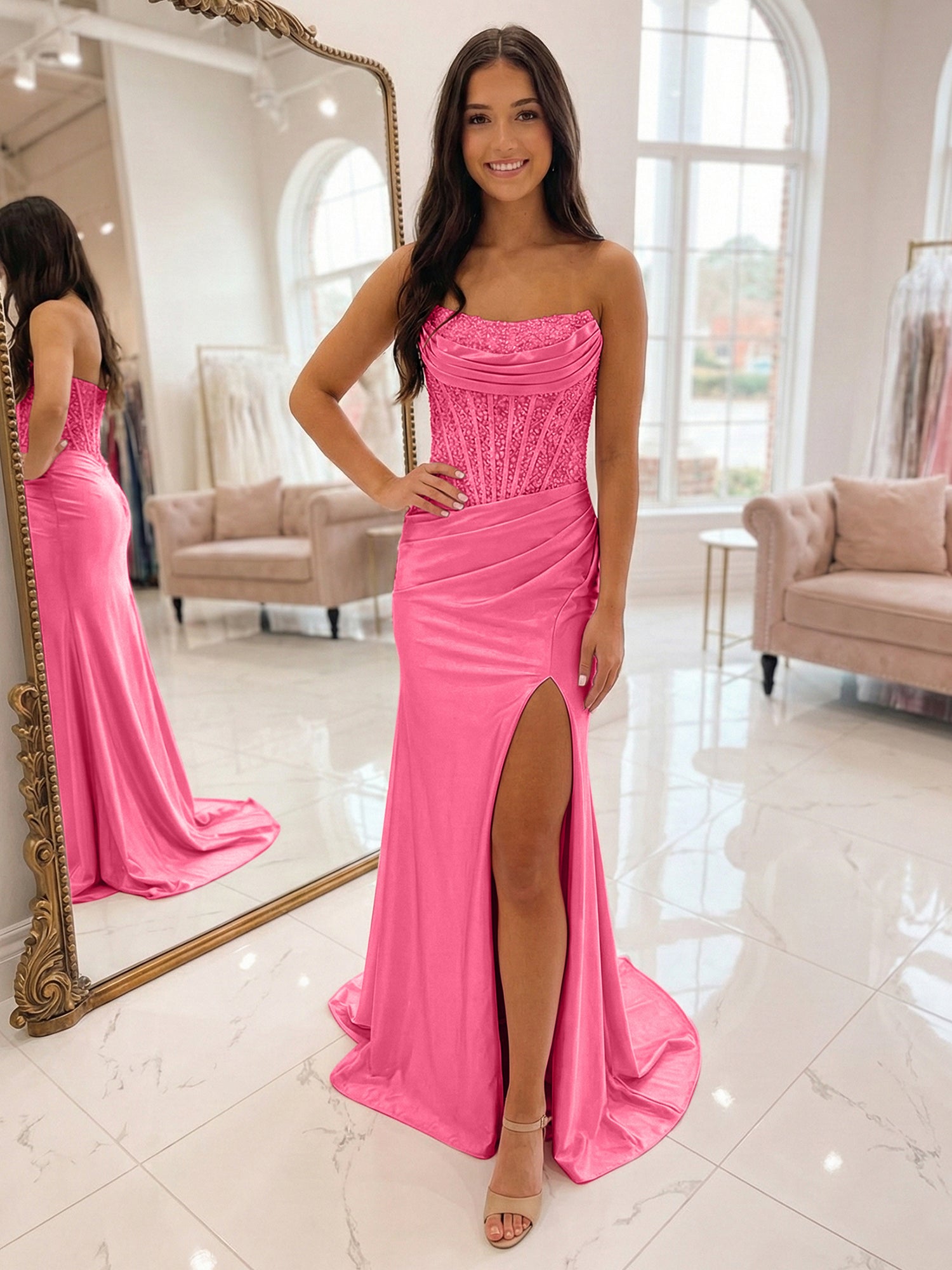 Romantic Pink Satin Corset Slit Prom Dress with Beaded Bodice