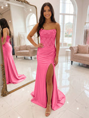 Romantic Pink Satin Corset Slit Prom Dress with Beaded Bodice