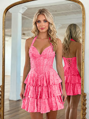 Halter Neck Pearl Beaded Tiered Short Homecoming Dresses