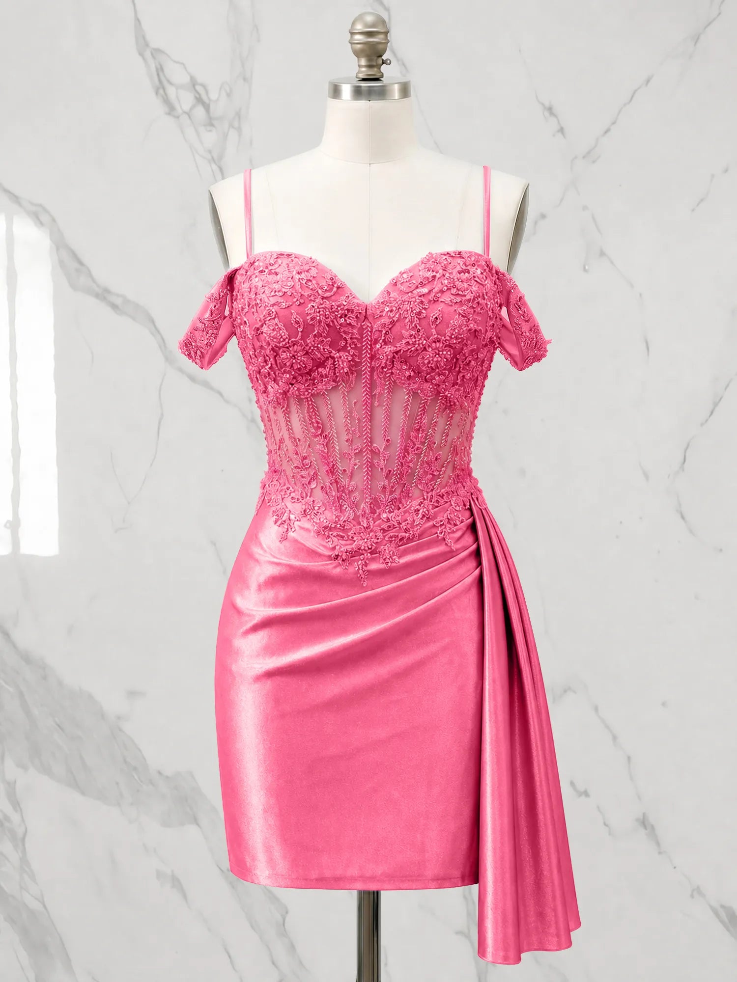 Sweetheart Sheer Corset Mini Dress with Cascading Side Drape Homecoming Dresses