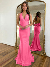 Light Blue Mermaid Halter Backless Long Prom Dress