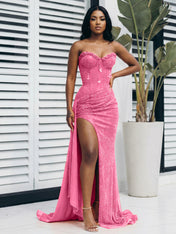 Glitter Orange Strapless Mermaid Sequined Long Prom Dress with Slit