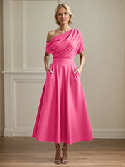 A Line Satin One Shoulder Pleated Ankle Length Mother of the Bride Dress
