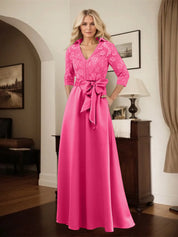 Classic V-Neck Bow Accented Satin Mother Of The Bride Dress With Lace