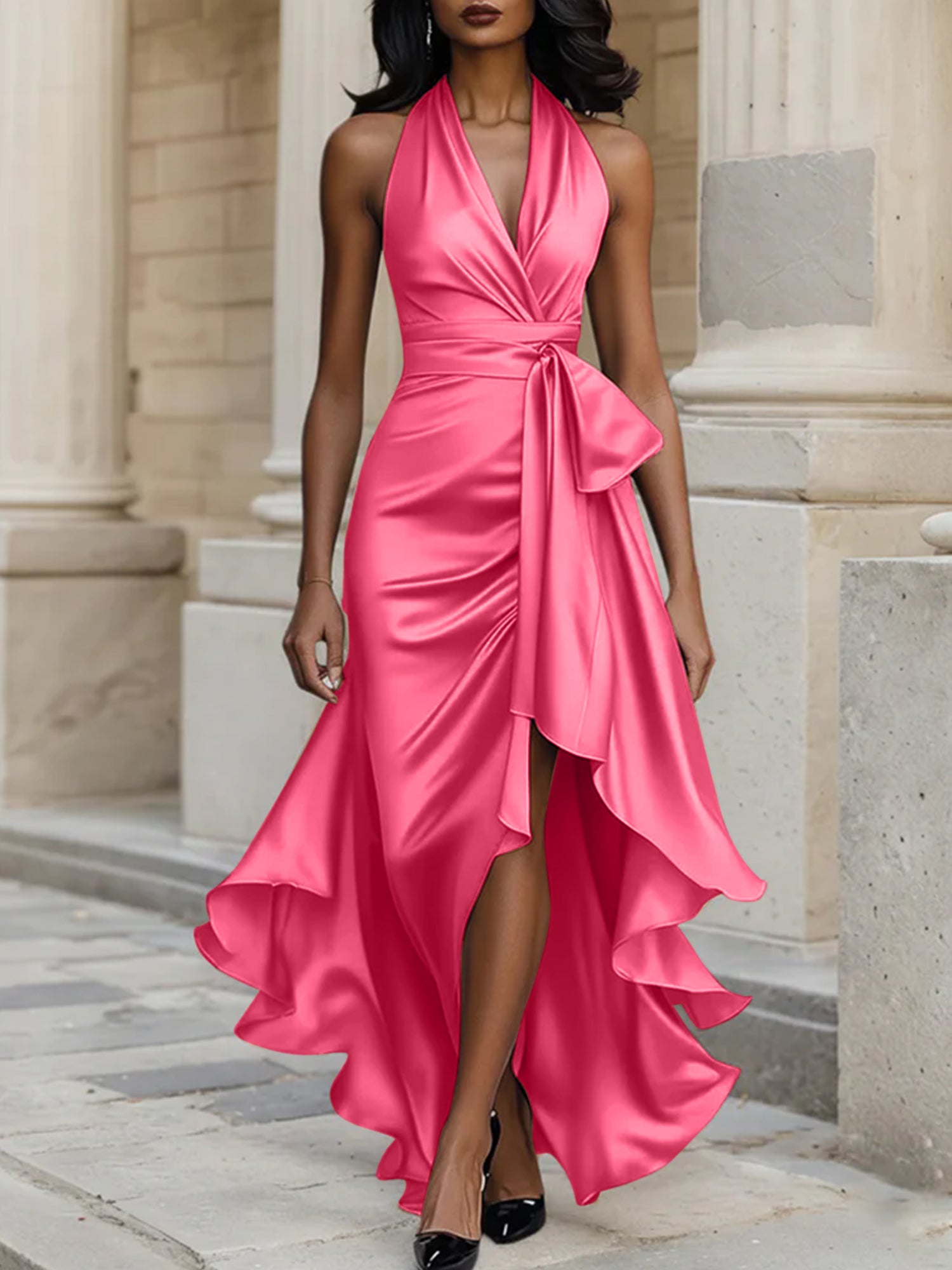 Midnight Elegance Satin Halter Ruffle Gown