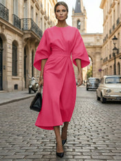 Loose Batwing Sleeve Dress Tight Waist Solid Color Elegant Dresses