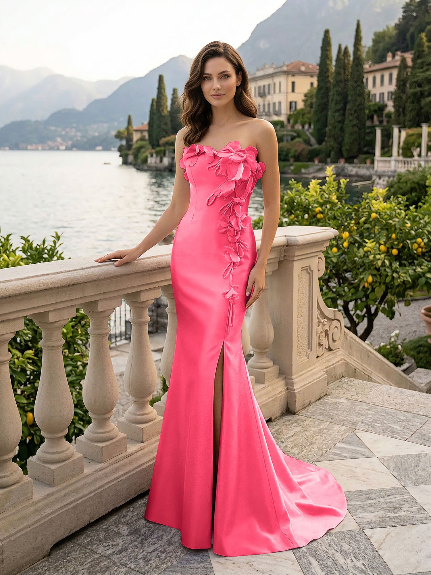 Pink Sweetheart Neckline 3D Flower Embellished Mermaid Evening Gown Maxi Dress