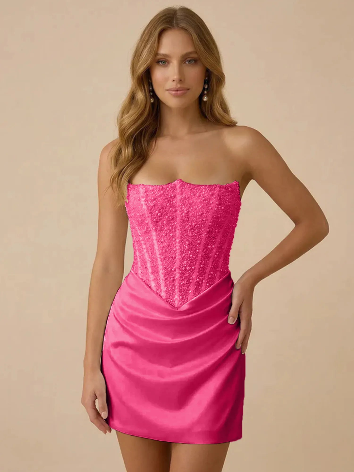 White Strapless Sequin Beaded Satin Short Homecoming Dress with Corset