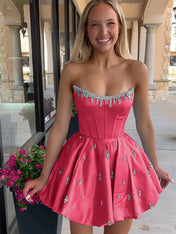 Sparkly Satin A Line Short Corset Homecoming Dress with Rhinestones