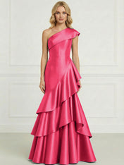 Formal Evening Dress Dark Blue One-Shoulder Satin Tiered Maxi Gown