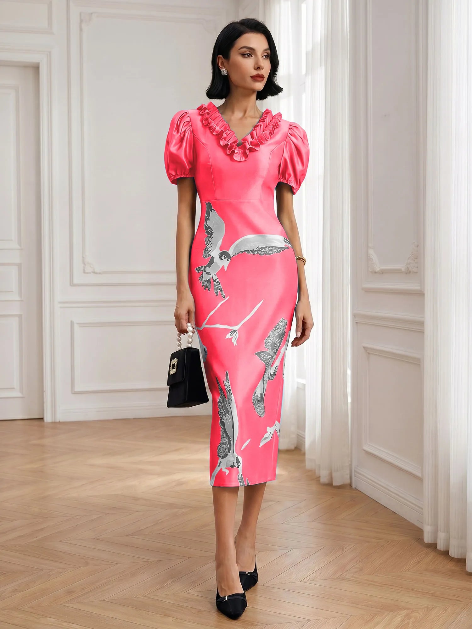 Black Folds V Neck Puff Sleeve Midi Sheath Dress