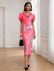Black Folds V Neck Puff Sleeve Midi Sheath Dress