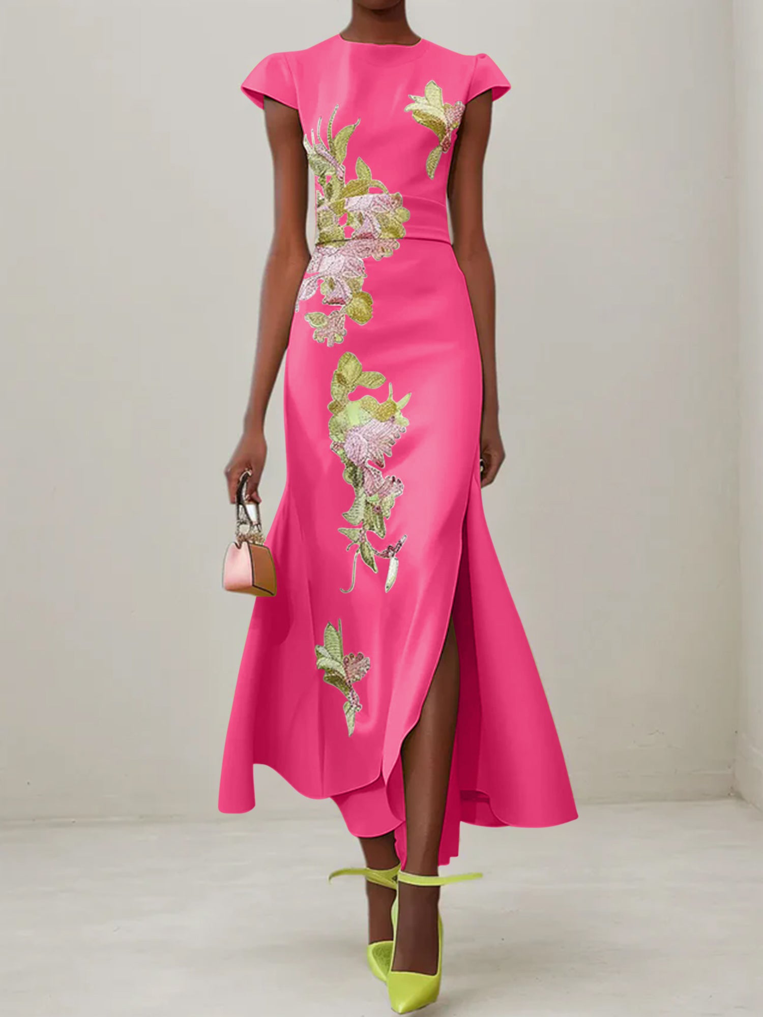 Green Floral Embroidered Cap Sleeve Slit Sheath Maxi Dress