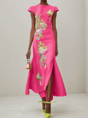 Green Floral Embroidered Cap Sleeve Slit Sheath Maxi Dress