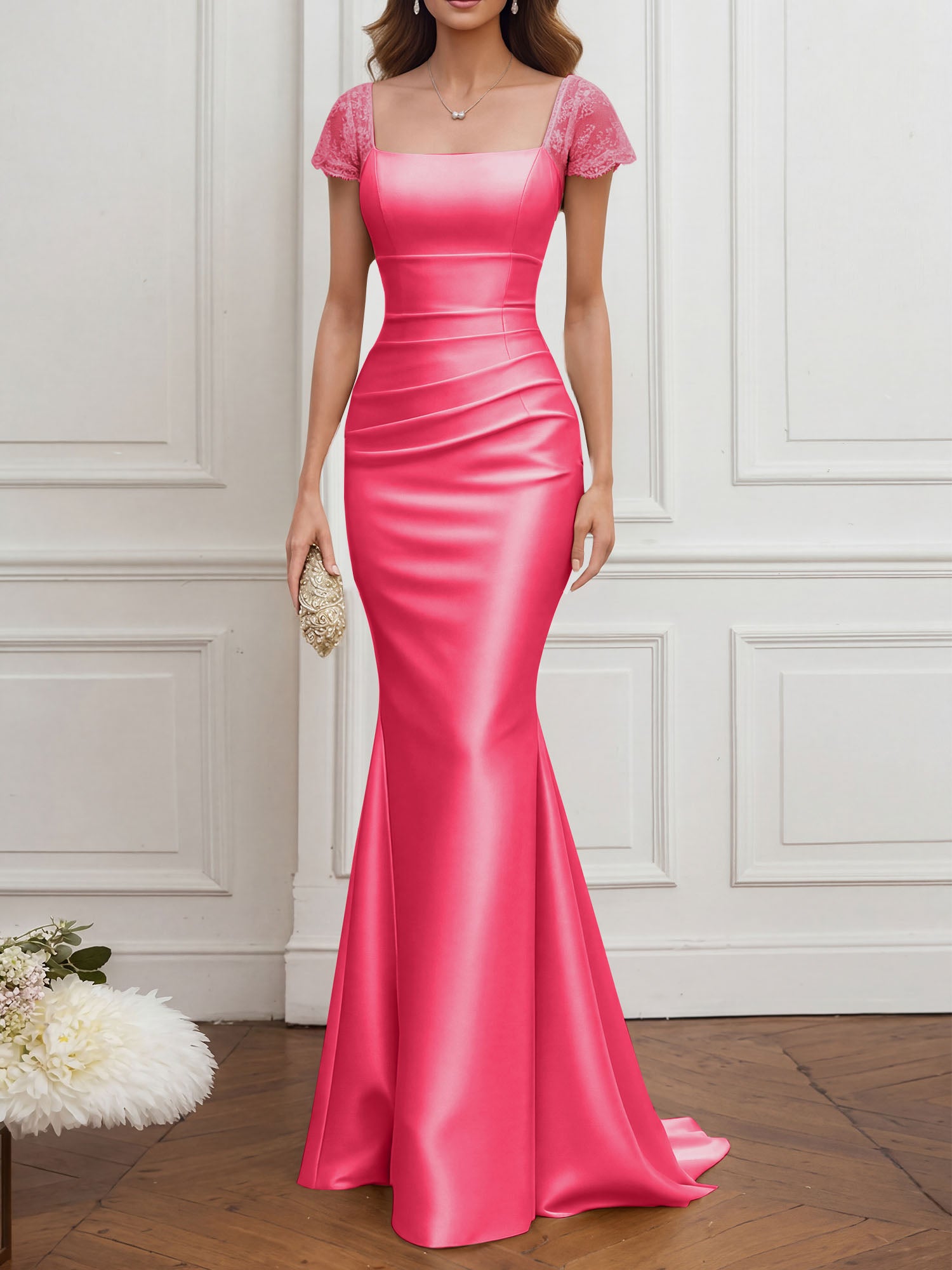 Mother of the Bride Dress Champagne Satin Square Neck Maxi Dress