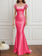 Mother of the Bride Dress Champagne Satin Square Neck Maxi Dress