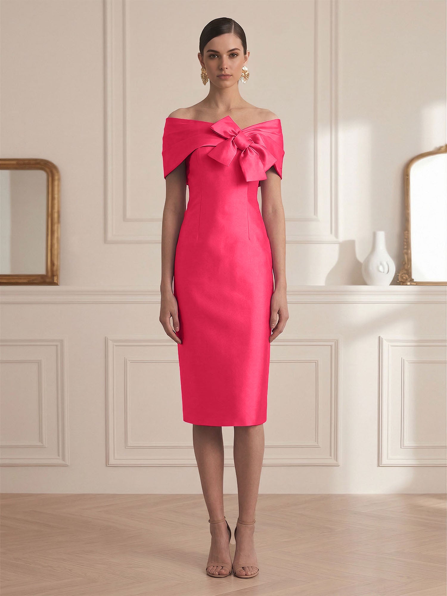 Chic Rose Red Off-the-Shoulder Bow Satin Sheath Midi Dress