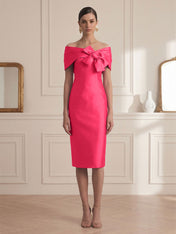Chic Rose Red Off-the-Shoulder Bow Satin Sheath Midi Dress