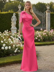 Light Blue One Shoulder Satin Sheath Long Bridesmaid Dresses