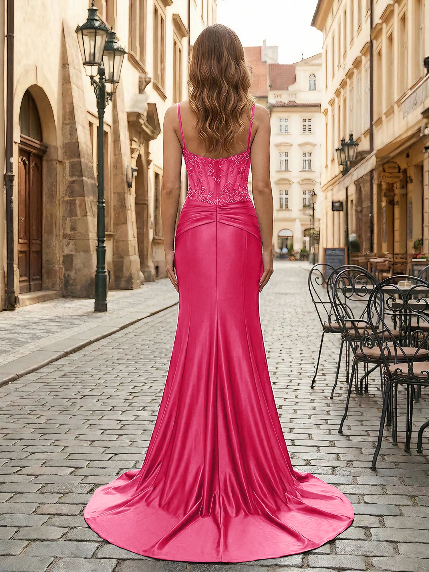 Purple Mermaid Spaghetti Straps Satin Long Corset Appliqued Prom Dress