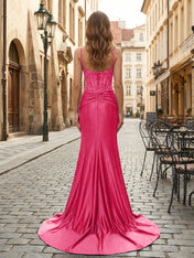 Purple Mermaid Spaghetti Straps Satin Long Corset Appliqued Prom Dress