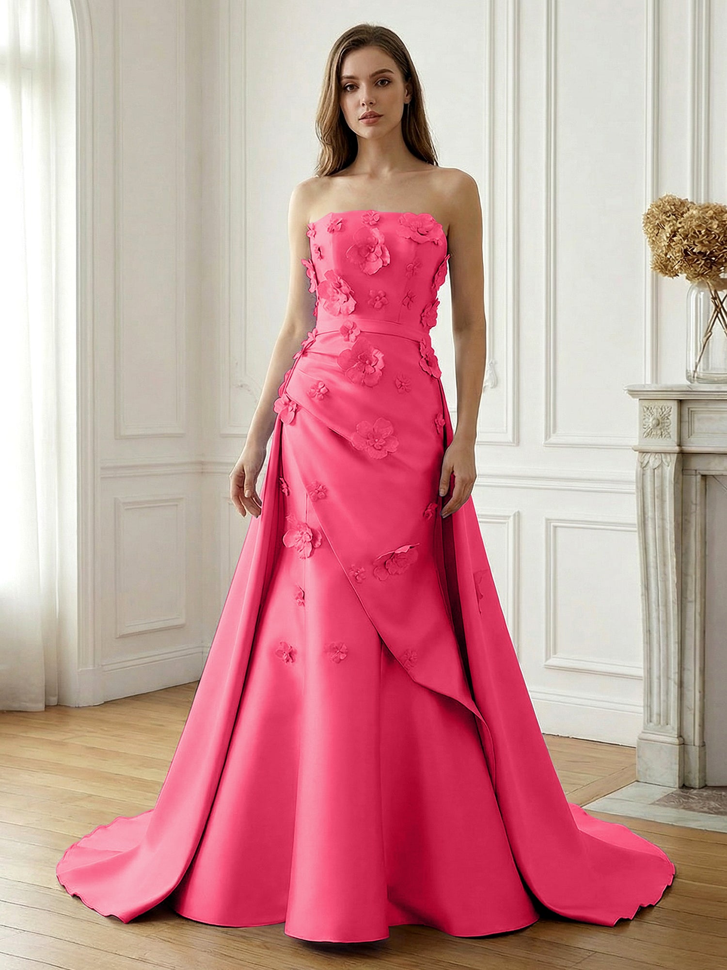 Lavender Satin 3D Floral Strapless A-Line Gown