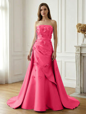 Lavender Satin 3D Floral Strapless A-Line Gown