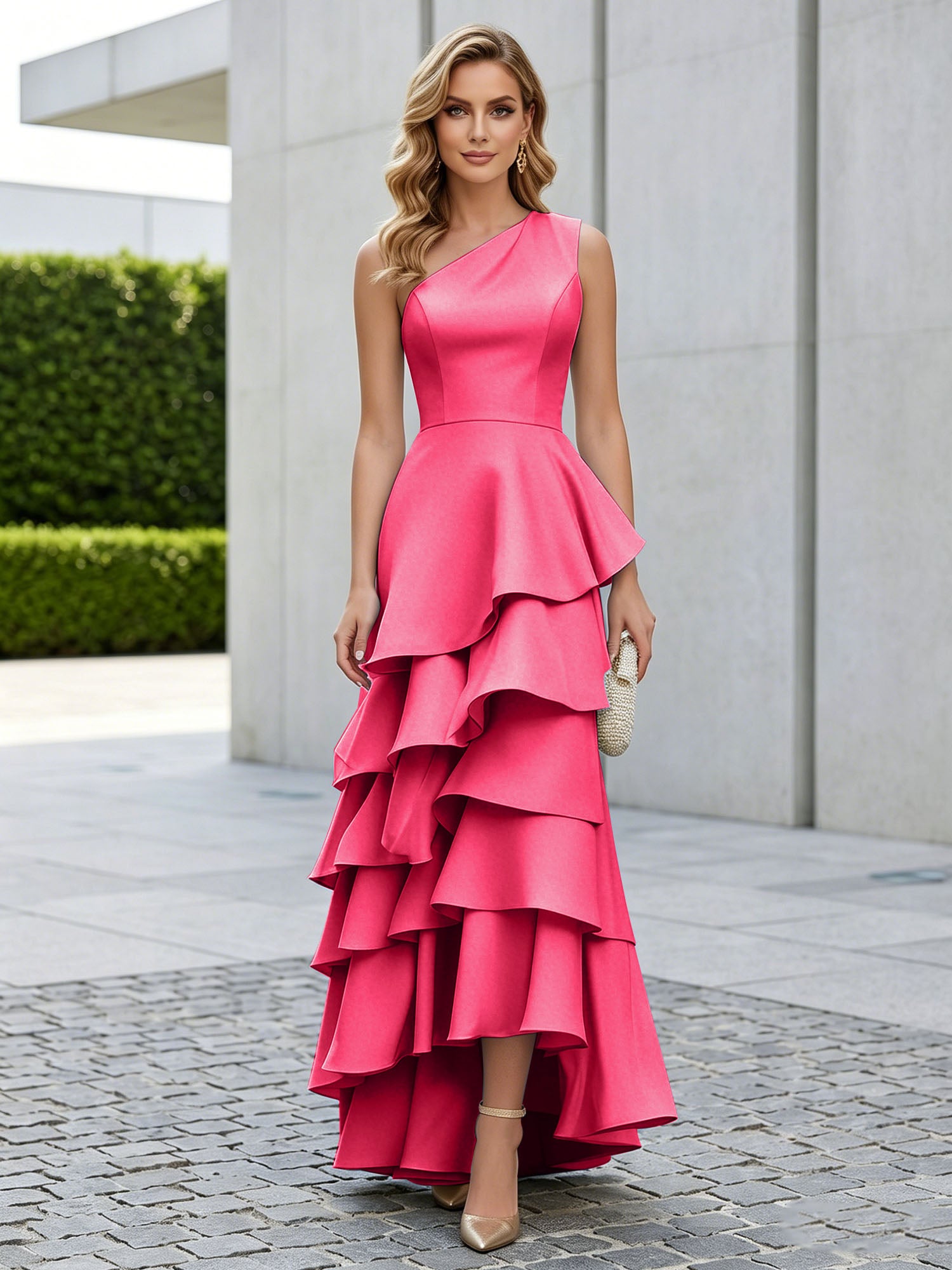 One Shoulder Tiered Ruffle Satin Mermaid Evening Gown with Sculptural Layers