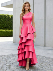 One Shoulder Tiered Ruffle Satin Mermaid Evening Gown with Sculptural Layers