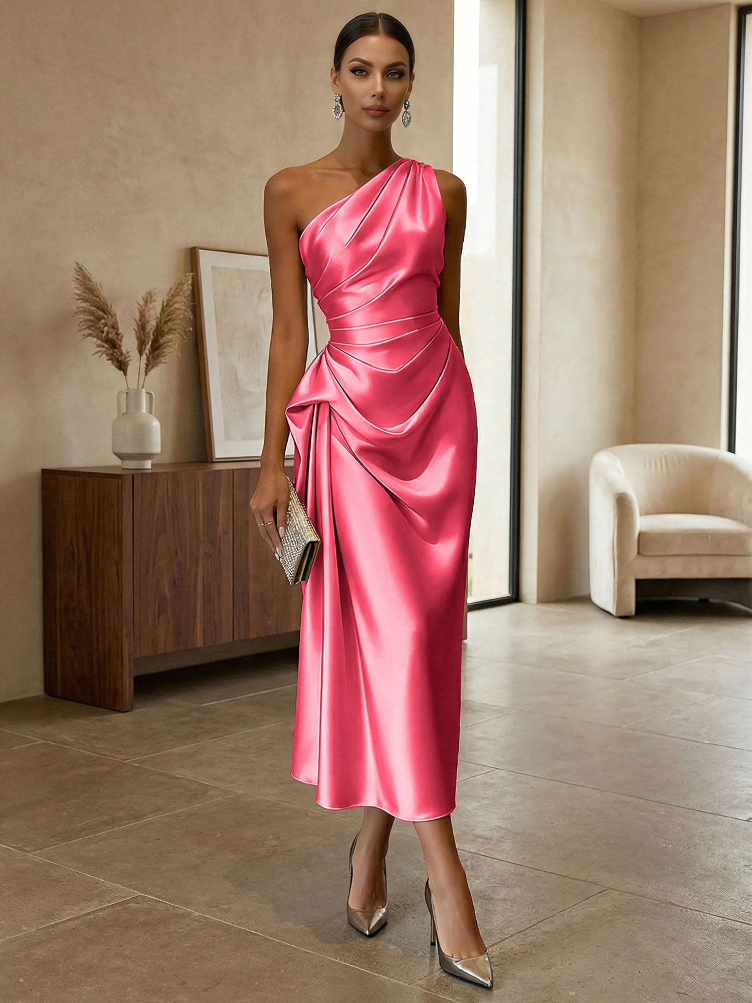 Champagne Ruched Satin One Shoulder Sleeveless Sheath Midi Dress