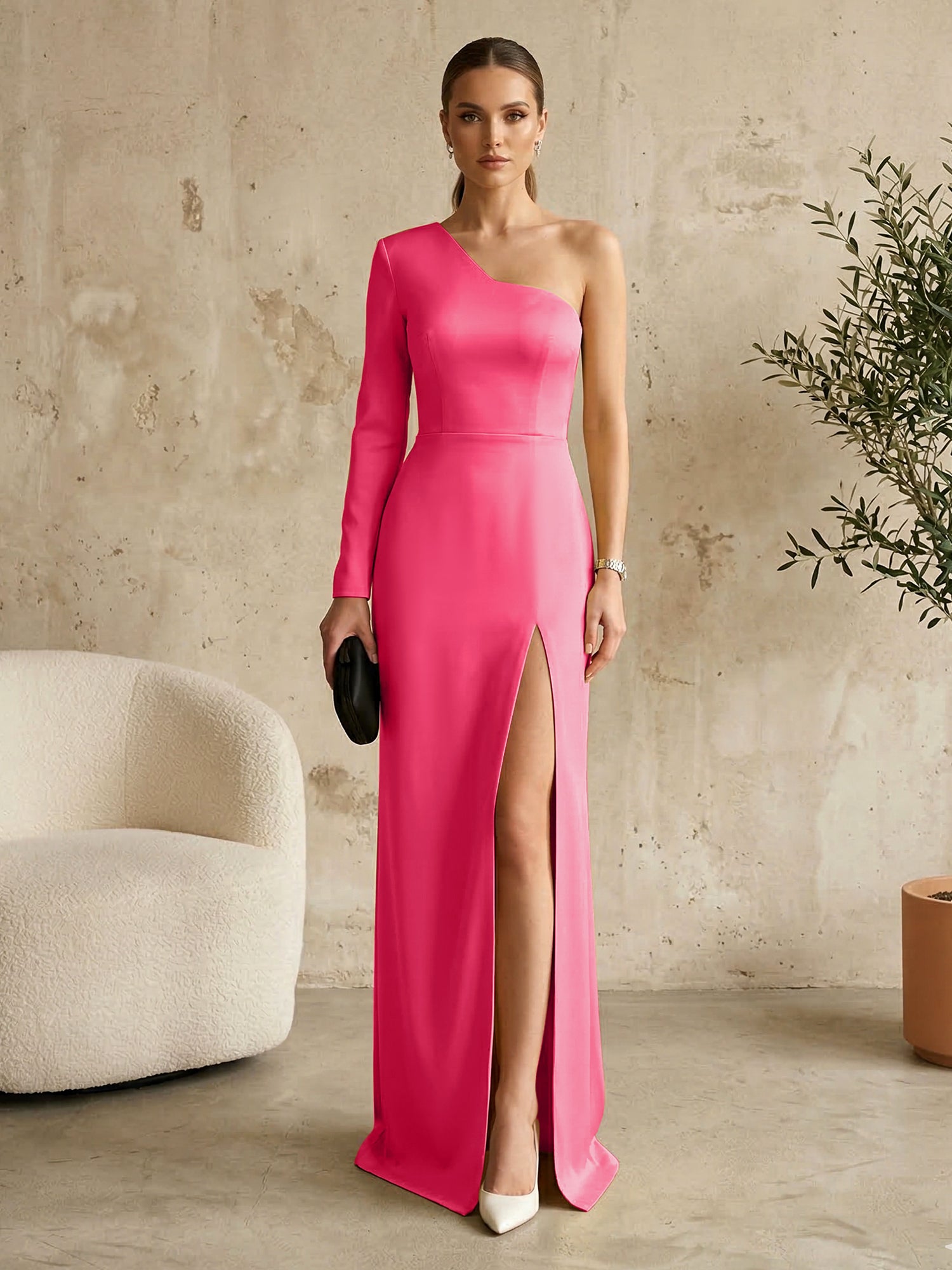 Long Sleeves Black One Shoulder Formal Dress Evening Gown