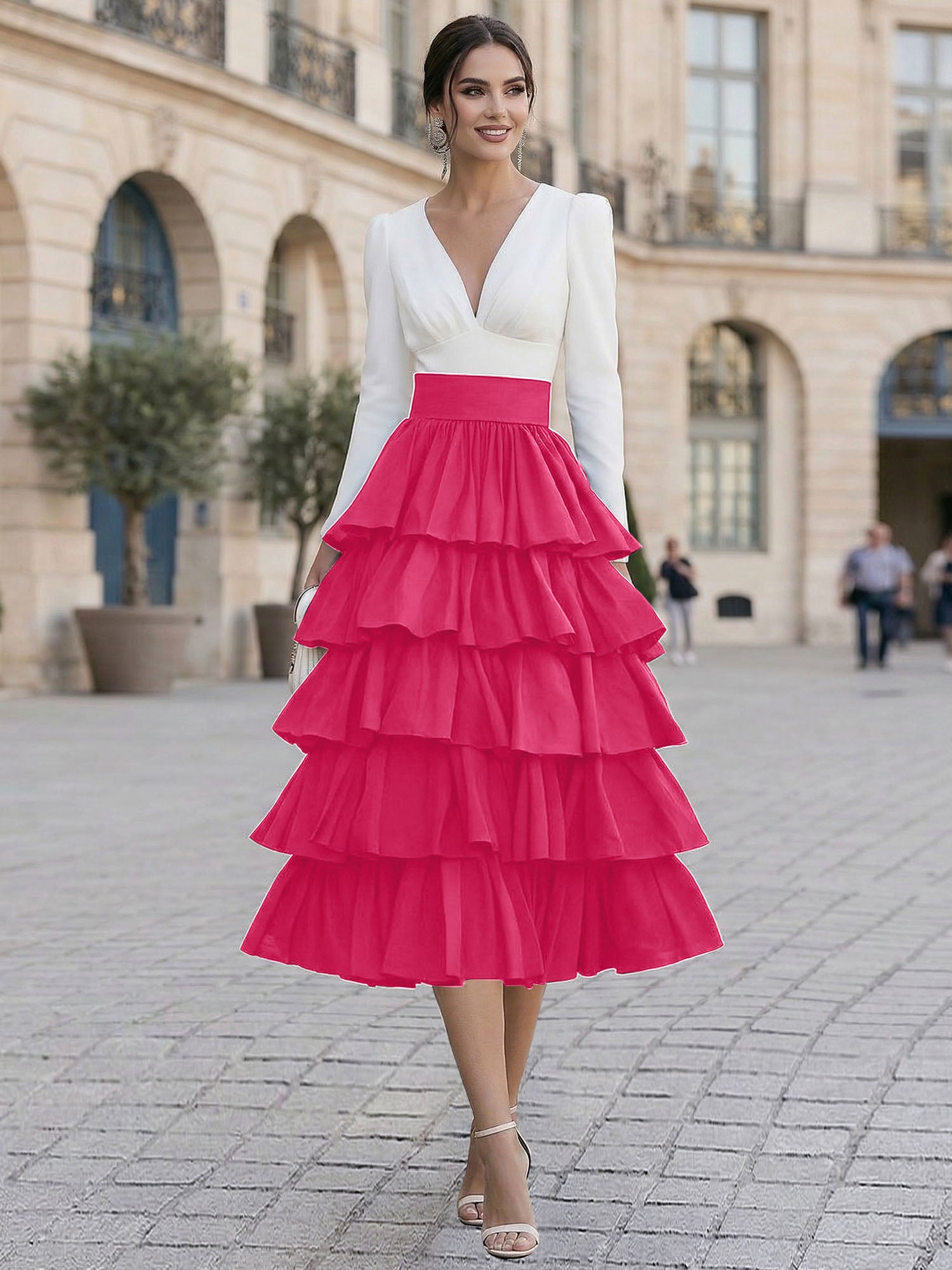 Chic Formal Evening Gown Monochrome V-Neck Tiered Ruffle Midi Dress