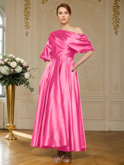 A-line Short Sleeves Pleated Ankle-Length Silk like Satin Mother of the Bride Dress