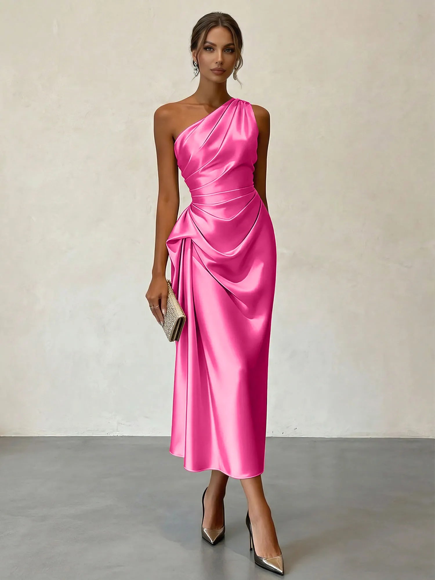 Champagne Ruched Satin One Shoulder Sleeveless Sheath Midi Dress