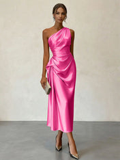 Champagne Ruched Satin One Shoulder Sleeveless Sheath Midi Dress
