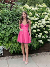 Blue A Line V-neck Beaded Back Tie Short Homecoming Mini Dress