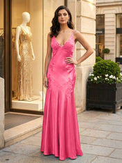 Green Appliques Soft Satin Long Prom Party Dress