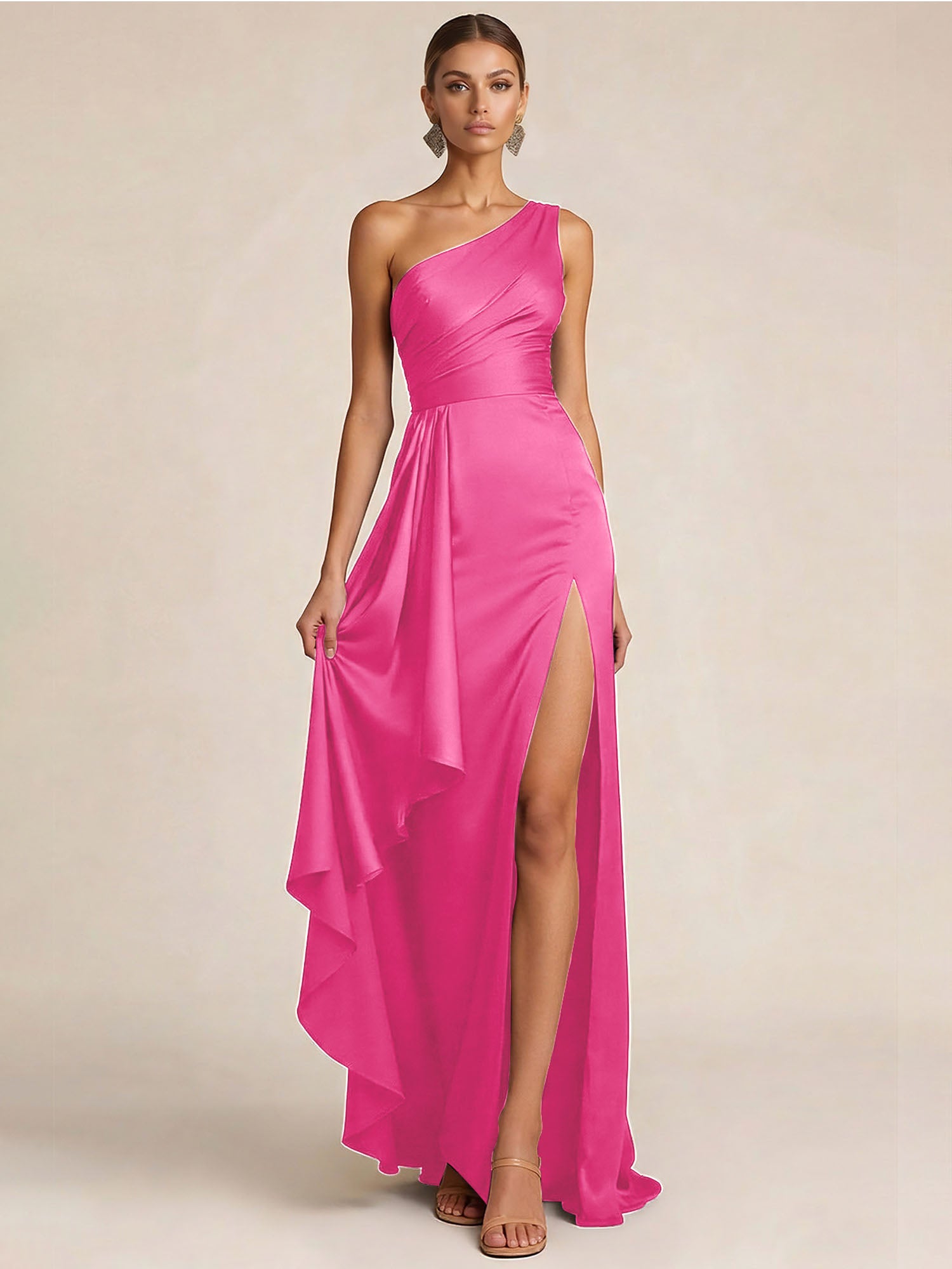 Sleek Foraml Evening Gown Midnight Navy One-Shoulder Satin Slit Maxi Dress
