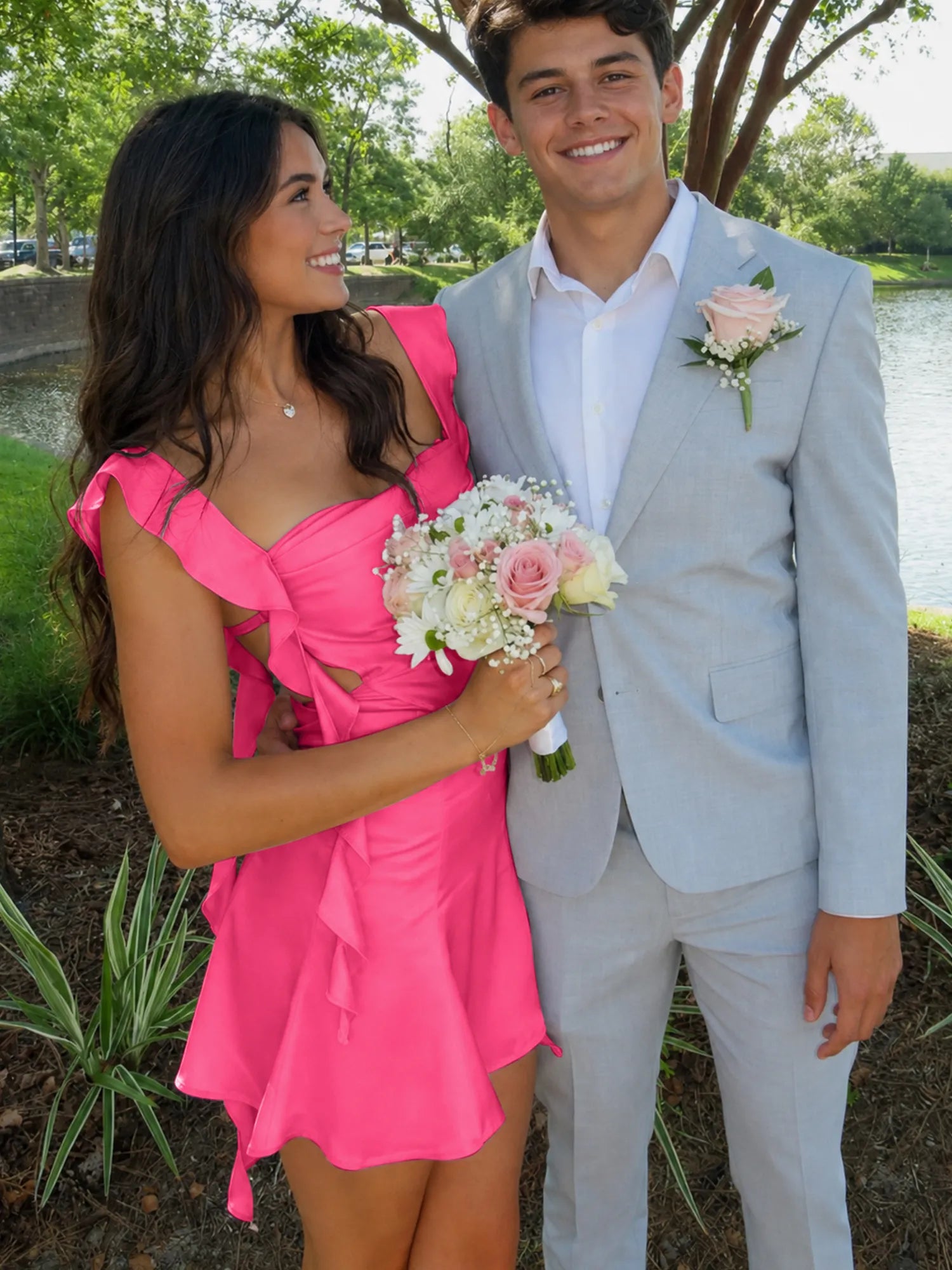 Ruffle Strap Short Homecoming Dress with Cutouts