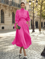 Sophisticated Emerald Green Satin High-Neck Midi Dress Gown