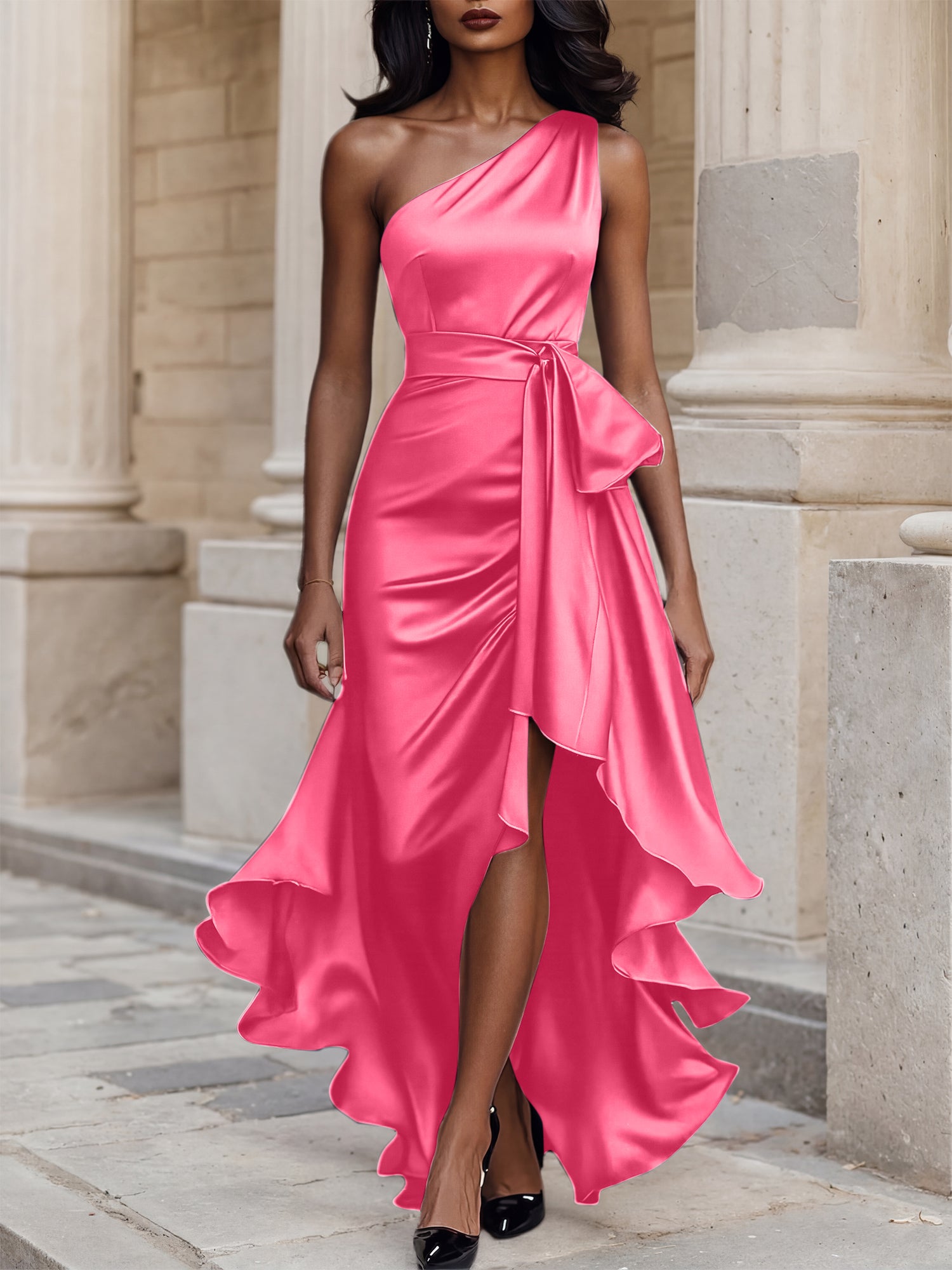 Glamorous Formal Dress Midnight Navy One Shoulder High-Low Satin Gown Midi Dress